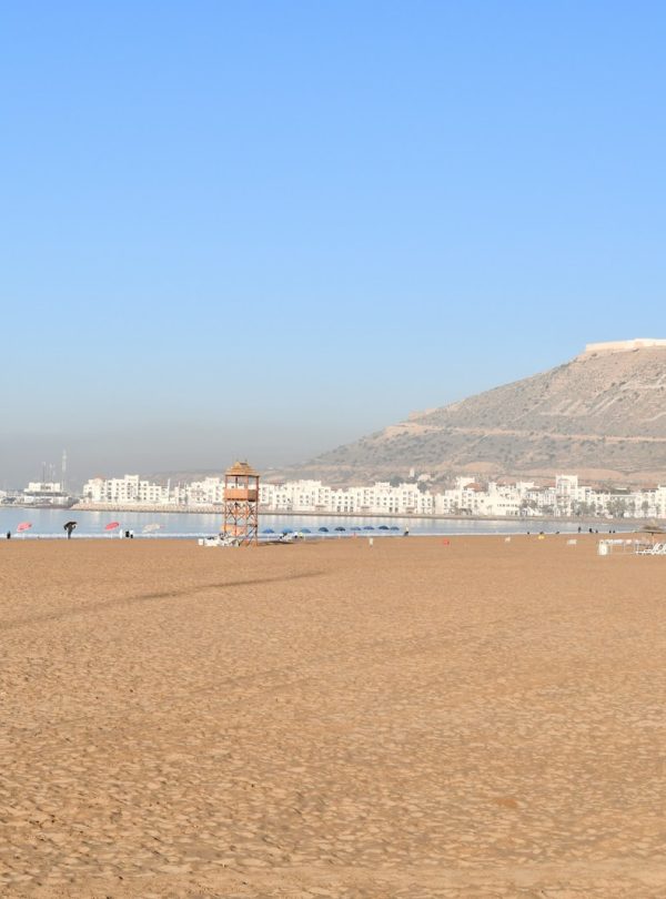 a beach with a mountain in the background