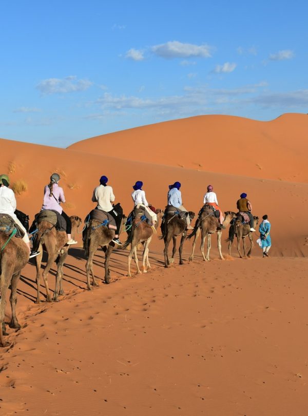 a group of people riding camels in the desert