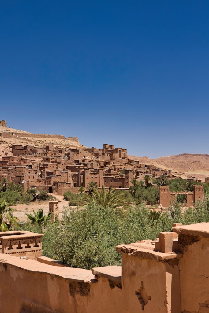 A village in the desert with a mountain in the background