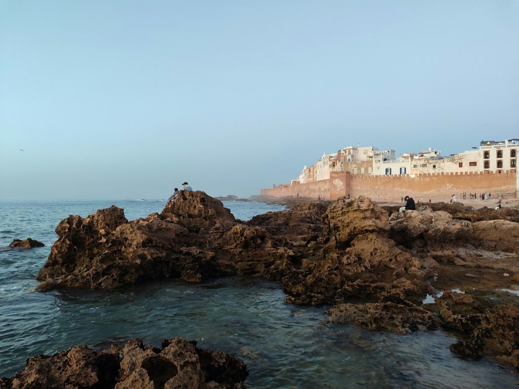A view of a rocky shore with buildings in the background