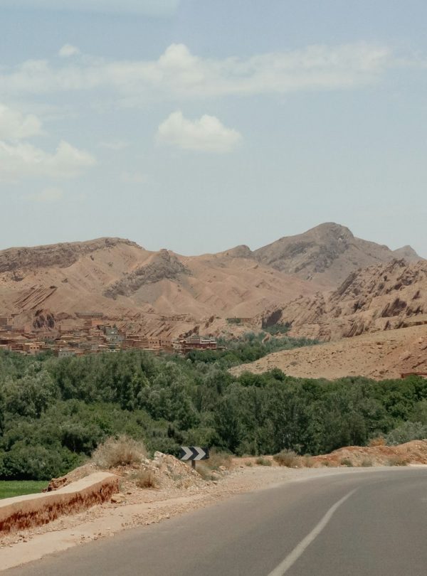 Winding road through arid desert landscape with greenery.