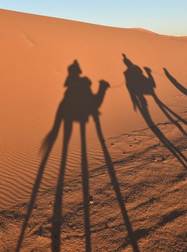 silhouette of 2 people riding camel on desert during daytime
