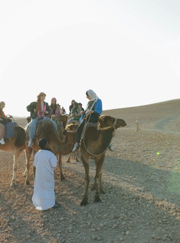 People riding camels in the desert landscape.